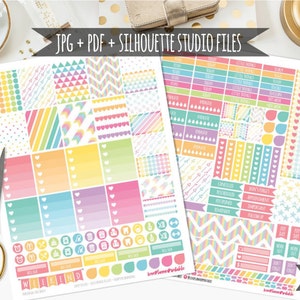 May include: Printable planner stickers with a rainbow theme. The stickers feature a variety of designs, including hearts, stars, arrows, and geometric patterns. The stickers are in a variety of colors, including pink, blue, yellow, green, and purple. The text "JPG + PDF + SILHOUETTE STUDIO FILES" and "PRINTABLE" is visible on the image.