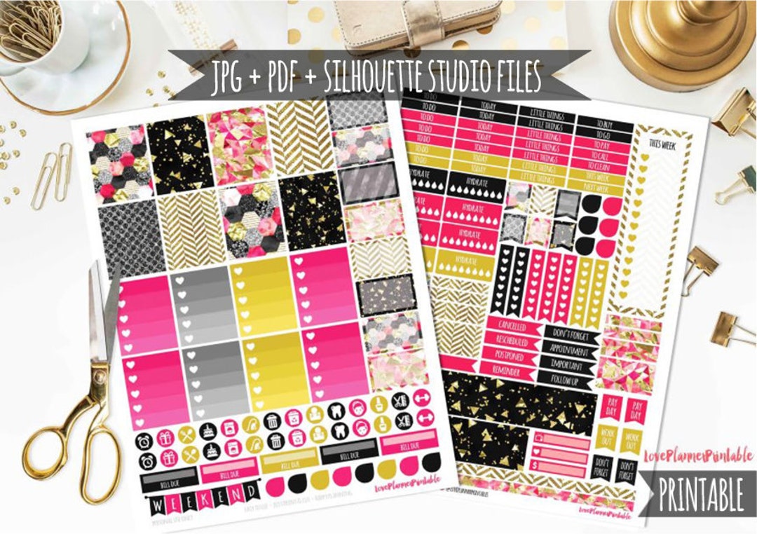 Sassy Hot Pink Black Gold Glitter Digital Printable Planner Stickers ...