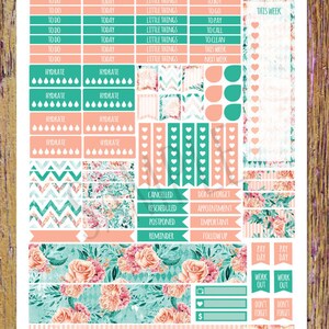 May include: A set of printable planner stickers featuring floral designs in shades of pink, green, and white. The stickers include various phrases such as "To Do", "Today", "Little Things", "Hydrate", "Cancelled", "Rescheduled", "Postponed", "Reminder", "Don't Forget", "Appointment", "Important", "Follow Up", "Pay Day", "Work Out", and "Don't Forget".