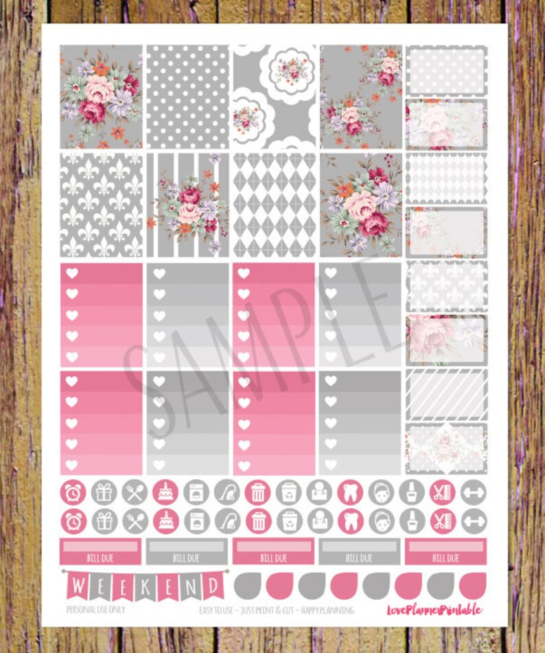 Pink Grey Roses Digital Printable Planner Stickers Weekly | Etsy