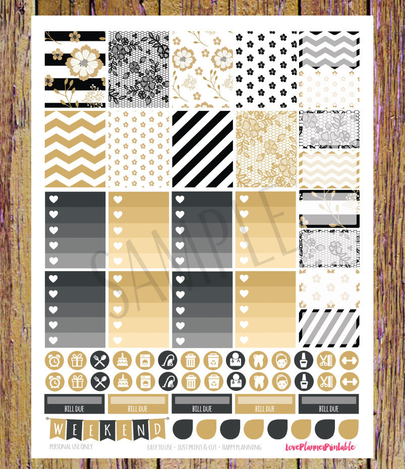 Black Gold Floral Printable Planner Stickers Weekly Stickers Planner ...