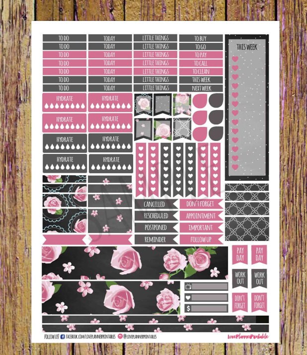 Vintage Rose Chalkboard Digital Printable Planner Stickers Weekly ...