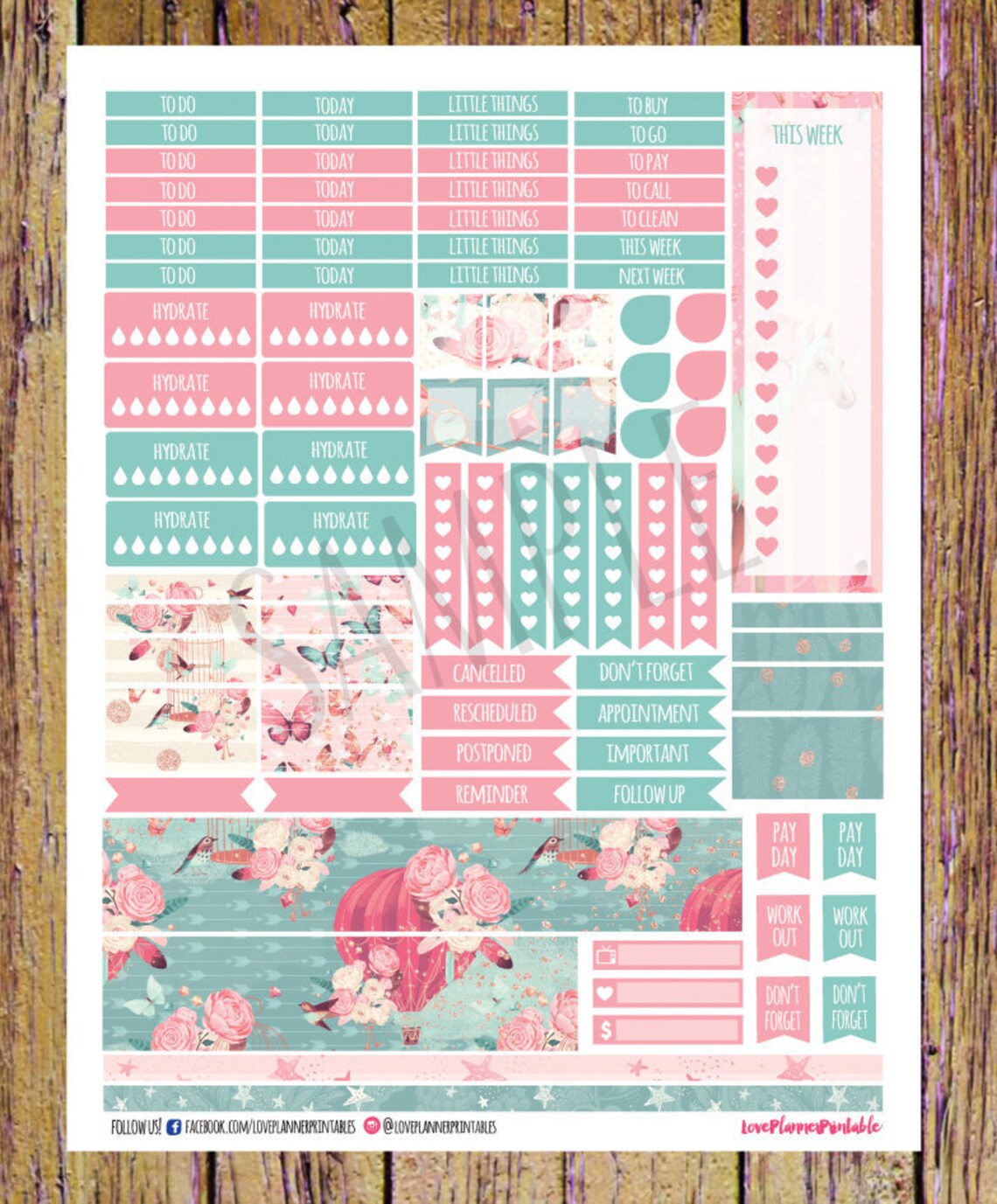 Sweet Floral Roses Love Hot Balloon Digital Printable Planner Stickers ...