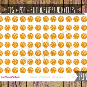 May include: Sheet of orange basketball stickers with white detailing, arranged in rows. The sheet includes the text "JPG + PDF + SILHOUETTE STUDIO FILES" and "PRINTABLE". The stickers are for planning and crafting.