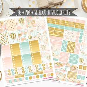 May include: Printable planner stickers featuring a hot air balloon theme with gold, pink, and mint green colors. The stickers include various shapes and sizes, including boxes, circles, and banners. The text "LovePlannerPrintable" is visible in the bottom right corner.