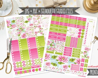 May include: A set of printable planner stickers featuring a pink and green color scheme with a floral design. The stickers include various shapes, sizes, and designs, including hearts, flowers, and geometric patterns. The text "JPG + PDF + SILHOUETTE STUDIO FILES" is at the top of the image. The text "WEEKEND" is at the bottom of the image.