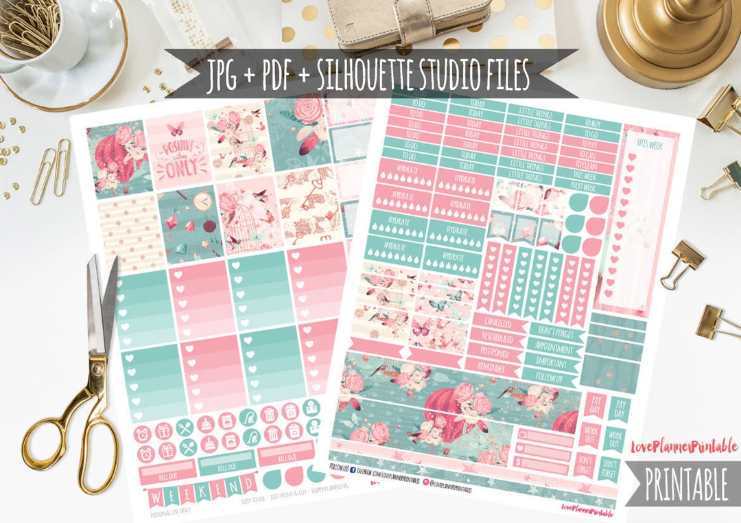 Sweet Floral Roses Love Hot Balloon Digital Printable Planner Stickers ...