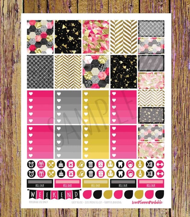 Sassy Hot Pink Black Gold Glitter Digital Printable Planner Stickers ...