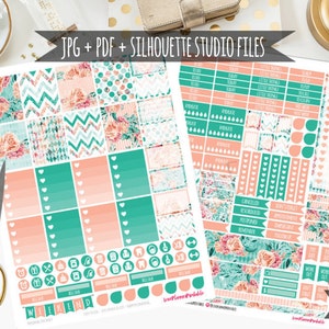 May include: Printable planner stickers with floral, geometric, and heart designs in shades of pink, teal, and white. The stickers include text such as "Weekend", "Work Out", and "Just Say No".