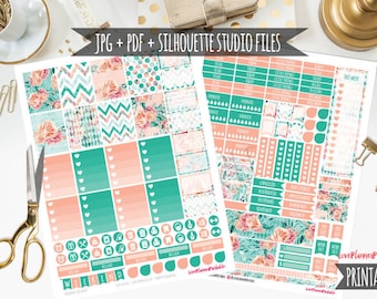 May include: Printable planner stickers with floral, geometric, and heart designs in shades of pink, teal, and white. The stickers include text such as "Weekend", "Work Out", and "Just Say No".
