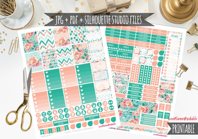 May include: Printable planner stickers with floral, geometric, and heart designs in shades of pink, teal, and white. The stickers include text such as "Weekend", "Work Out", and "Just Say No".