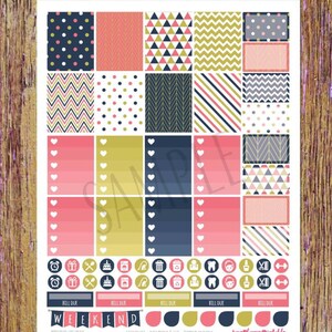 May include: Printable planner stickers with a nautical theme. The stickers feature a variety of patterns in pink, blue, gold, and white, including polka dots, stripes, chevron, and geometric shapes. The stickers also include icons for appointments, bills, and other tasks.