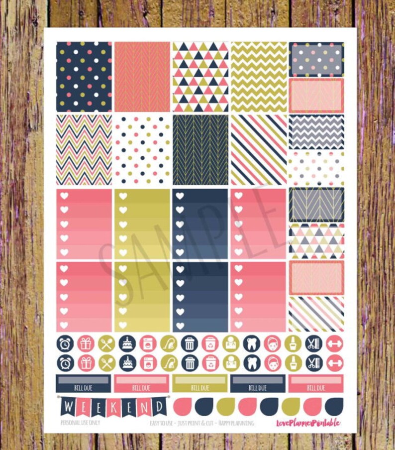 May include: Printable planner stickers with a nautical theme. The stickers feature a variety of patterns in pink, blue, gold, and white, including polka dots, stripes, chevron, and geometric shapes. The stickers also include icons for appointments, bills, and other tasks.