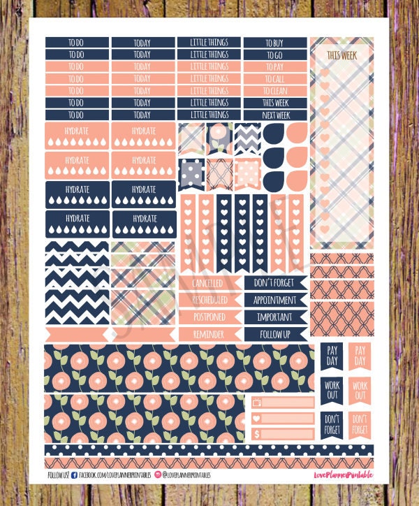 Navy Peach Floral Digital Printable Planner Stickers Weekly Stickers ...