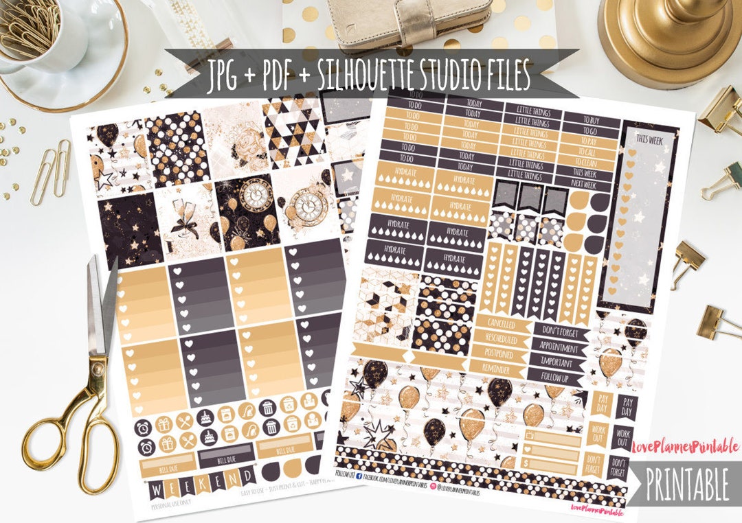 Black Gold New Year Celebration New Digital Printable Planner Stickers ...