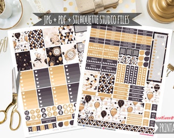 May include: Printable planner stickers featuring a black and gold color scheme with a variety of designs including balloons, stars, hearts, clocks, and geometric patterns. The text "Love Planner Printable" is visible in the bottom right corner.