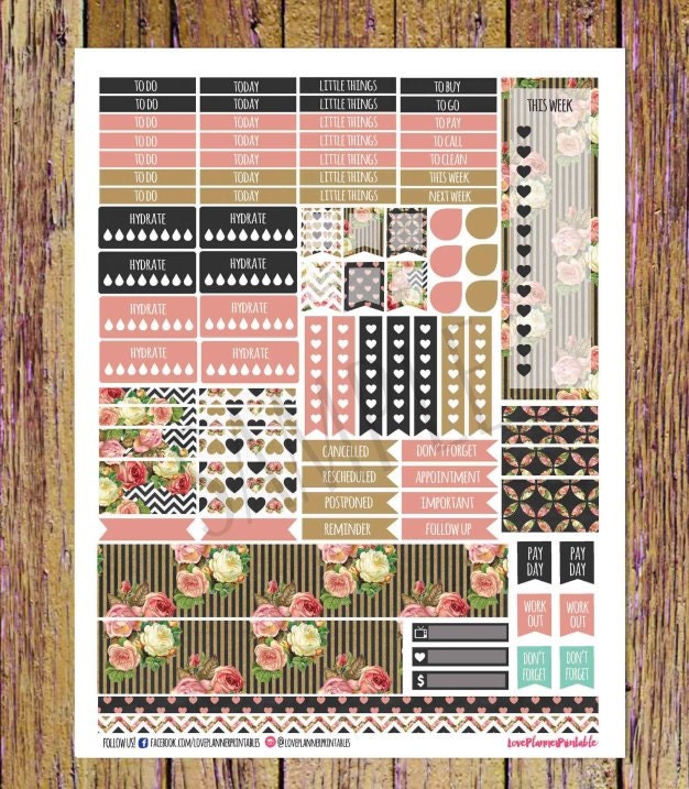 Black Gold Vintage Roses Digital Printable Planner Stickers Weekly ...