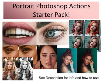 Può includere: Un collage di immagini che mostrano azioni di Photoshop per l'editing di ritratti. Le immagini includono primi piani di occhi, labbra e capelli, che dimostrano gli effetti delle azioni. Il testo "Portrait Photoshop Actions Starter Pack!" è visualizzato nella parte superiore del collage.