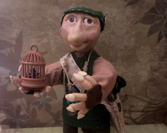 OOAK Kobold Puppe - &quot;Der Vogelfänger&quot; - Handgemachte Deko Figur.