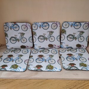Handmade bicycle fabric coasters. Set of 6. Ideal house warming gift or for birthday.