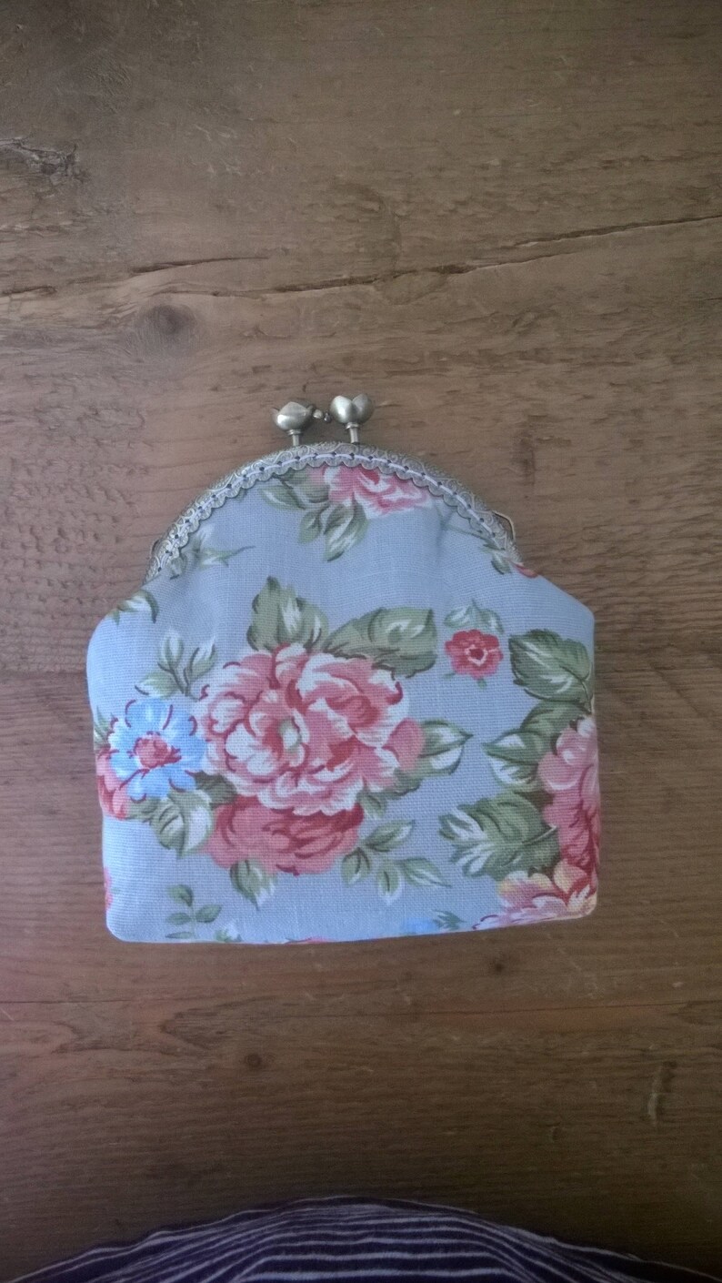 Purse with flower detail. with added lace detail Hand Made coin purse made with a sew in purse frame