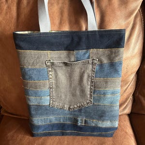Upcycled denim shopping/tote bag. Made from recycled jeans. Ideal gift for Mother&#39;s day, teenager or student.