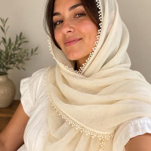 Choose Your Colors | Cotton Blend Orthodox Head Covering | Soft Faded Lace Trimmed Scarf: Lightweight Shawl Ivory