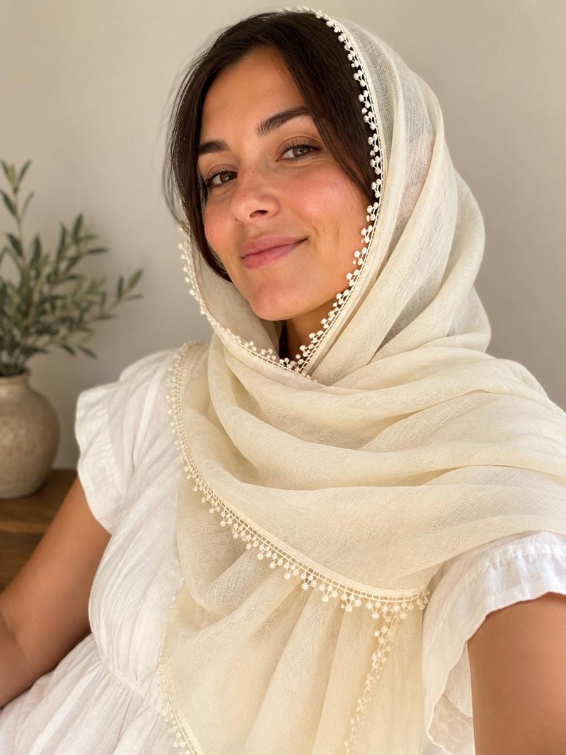 Choose Your Colors | Cotton Blend Orthodox Head Covering | Soft Faded Lace Trimmed Scarf: Lightweight Shawl Ivory