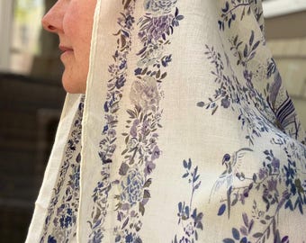 Viscose Orthodox Head Covering | Floral Border Trees and Birds in Blue / White | Breathable Soft Summer Scarf: Lightweight Shawl Blue Willow