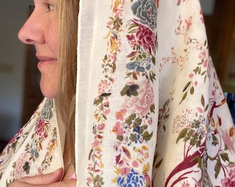 2 Colors | Viscose Orthodox Head Covering | Floral Border, Trees and Birds | Breathable Soft Summer Scarf: Lightweight Shawl Blue Willow