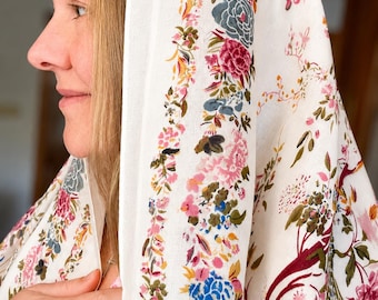 2 Colors | Viscose Orthodox Head Covering | Floral Border, Trees and Birds | Breathable Soft Summer Scarf: Lightweight Shawl Blue Willow