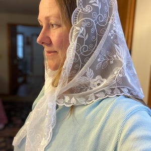 May include: A white, sheer head covering with intricate floral and scrollwork embroidery. The edges are scalloped, adding a delicate touch. The head covering is draped over a light blue ribbed top.