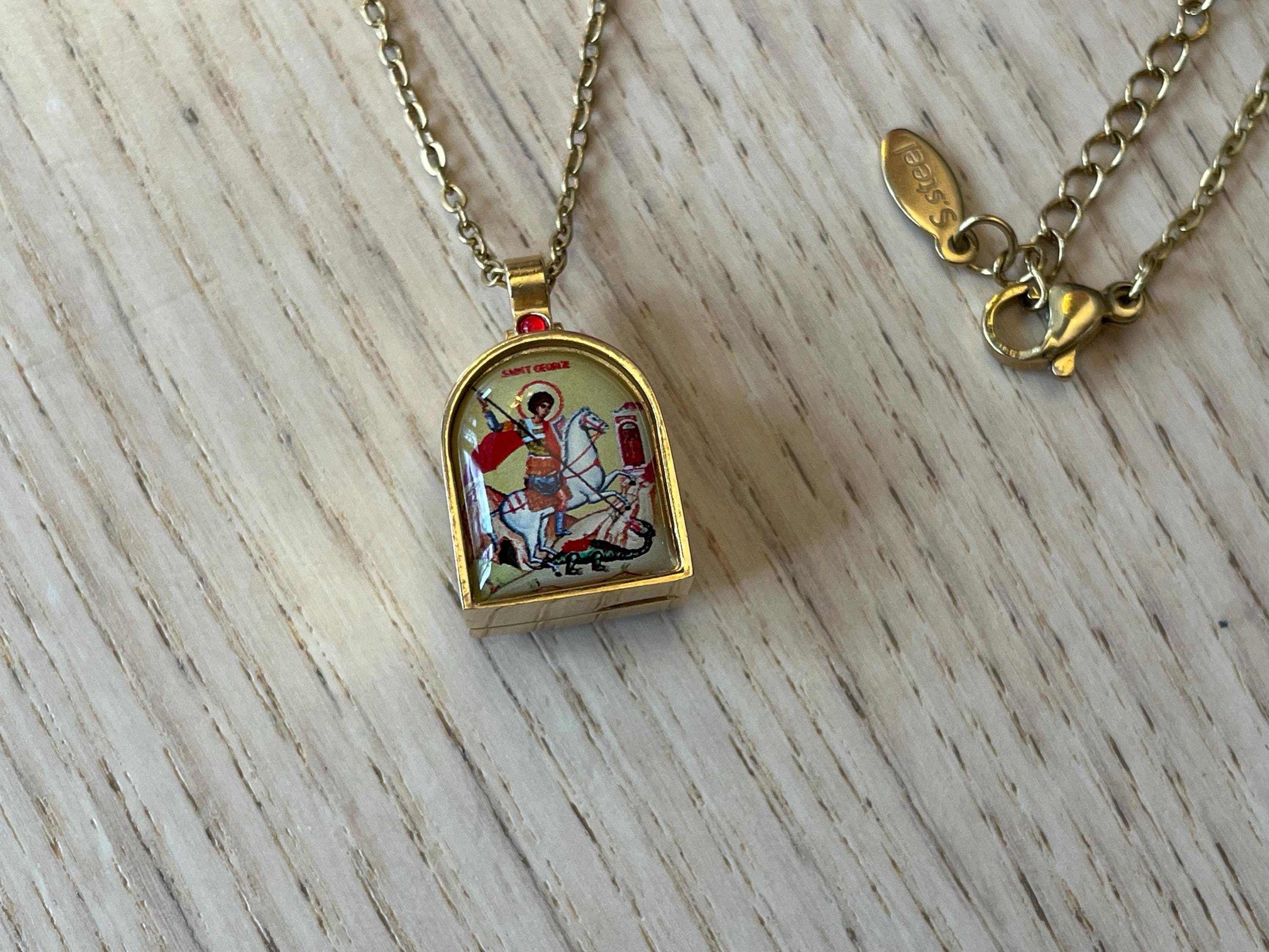 18k Gold Greek Orthodox Saint George Locket Necklace: Stainless Steel ...