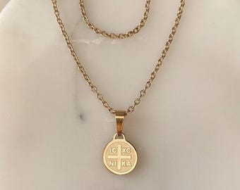 18K Gold Plated Greek Orthodox Tiny Cross Necklace - IC XC NIKA Mini Coin
