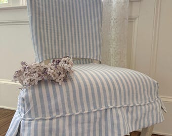 Rachel Ashwell shabby chic couture darcy ruffled slipcover set blue stripe fabric 2 pieces blue and white
