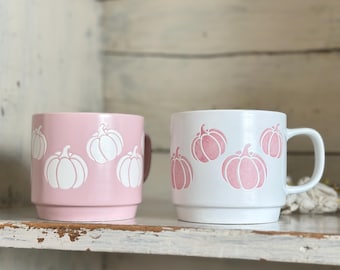 Cutest pair, pink and white Halloween coffee, mugs, cups holiday pumpkins