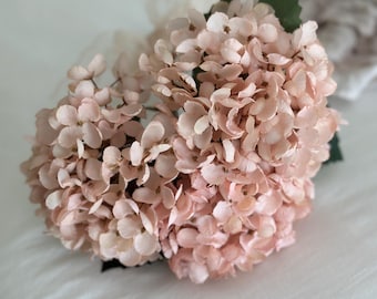 pink hand dyed hydrangeas, 3 stems beautiful bouquet wrapped in vintage pink  lace