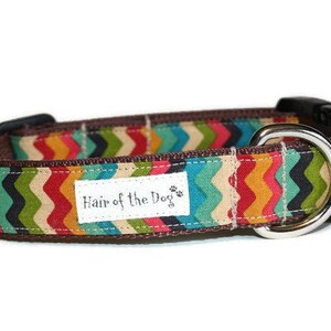 May include: A colorful dog collar with a chevron pattern in shades of red, orange, yellow, green, blue, and brown. The collar has a black buckle and a silver D-ring. The collar has a white label with the text "Hair of the Dog" in black.