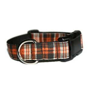 May include: A black and orange plaid dog collar with a black plastic buckle and a silver D-ring.