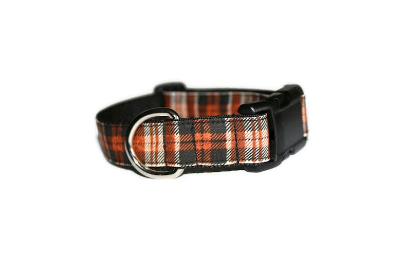 May include: A black and orange plaid dog collar with a black plastic buckle and a silver D-ring.