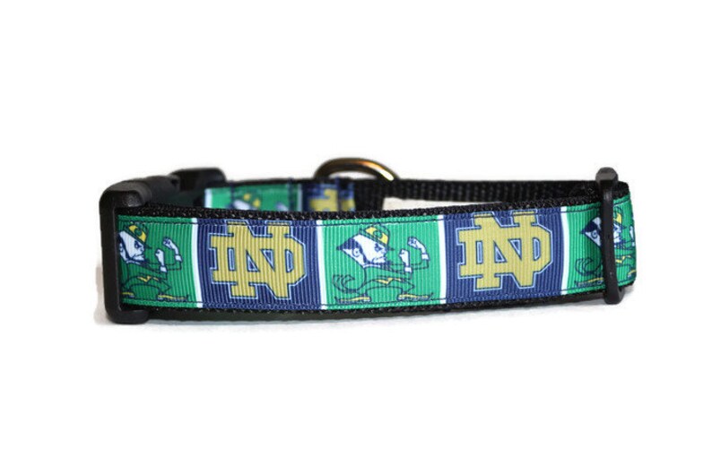May include: A black dog collar with a green, blue, and gold Notre Dame Fighting Irish logo and mascot. The collar has a black buckle and a gold metal D-ring.