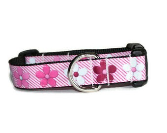 Pink Pinstripes and Daisy Dog Collar,dog collar,girl dog collar,pink dog collar,summer dog collar,fun dog collar,pink daisy dog collar
