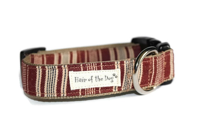 Red & Creme Homespun Stripe Dog Collar, Handmade Dog Collar, Striped Collar, Red Collar, Fun Collar, Dog Collar, Hairofthedogcollars