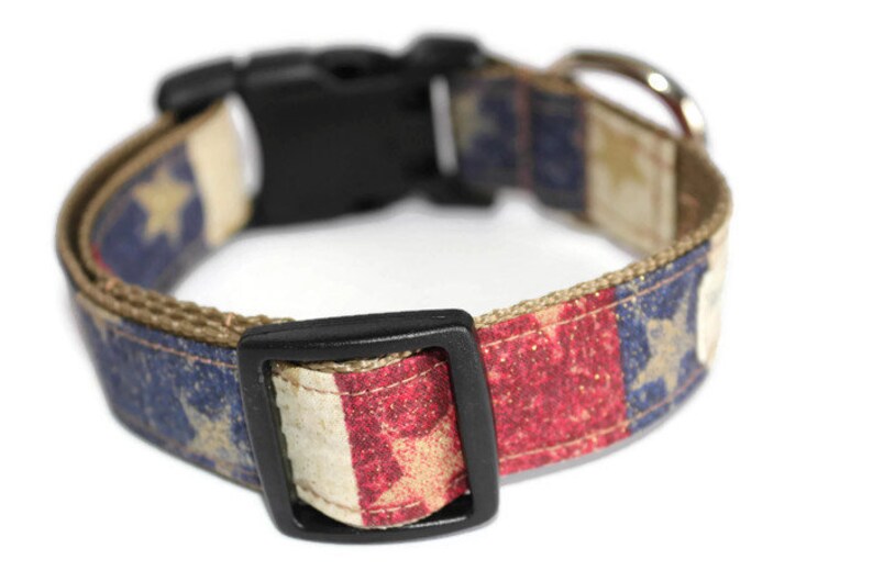 May include: A brown, red, white, and blue dog collar with a distressed American flag pattern. The collar has a black plastic buckle and a silver D-ring.