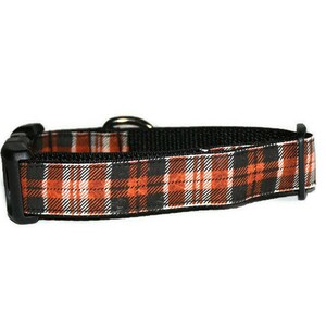 May include: A black and orange plaid dog collar with a black buckle.