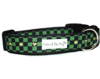 Black and Green Checked Shamrock DoG Collar,St. Patrick's Day dog collar,green dog collar,checked dog collar,shamrock dog collar,dog collar
