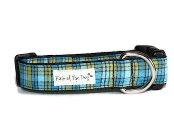 Blue/Gold Homespun Plaid DoG Collar,dog collar,plaid dog collar,blue dog collar,boy dog collar,girl dog collar,cute dog collar,fun dogcollar