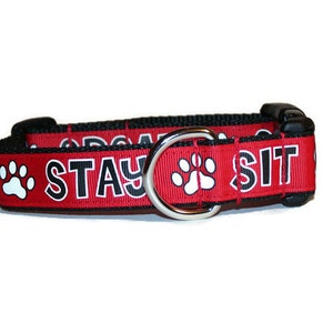 Stay-Sit-Speak dog collar,fun dog collar,red dog collar,boy dog collar,girl dog collar,handmade dog collar,ribbon dog collar,dog collar