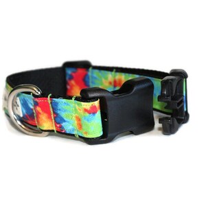 May include: A colorful tie-dye dog collar with a black buckle and silver D-ring.