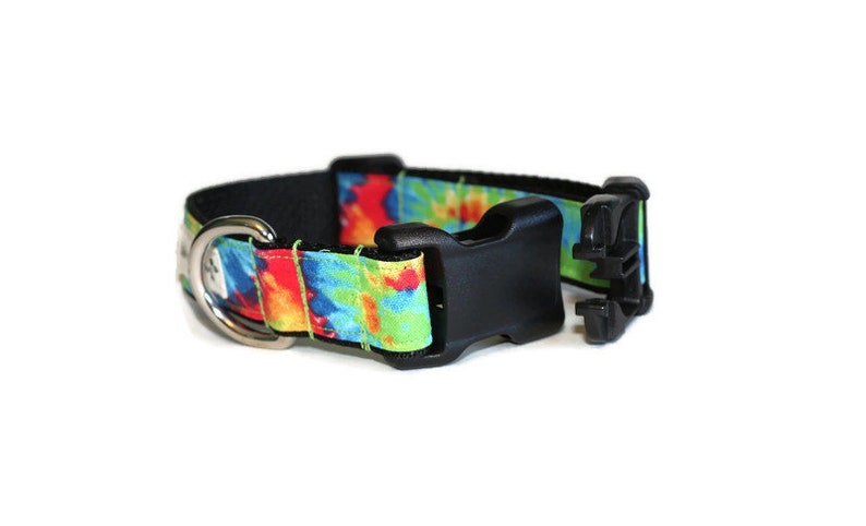May include: A colorful tie-dye dog collar with a black buckle and silver D-ring.